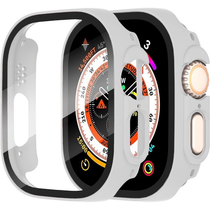 Casey Studios fóliás tok Apple Watch Ultra okosórához - 49 mm, 360°-os védelem, kemény polikarbonát, ultravékony, ütésálló teljes képernyős, 9H üveg, szürke
