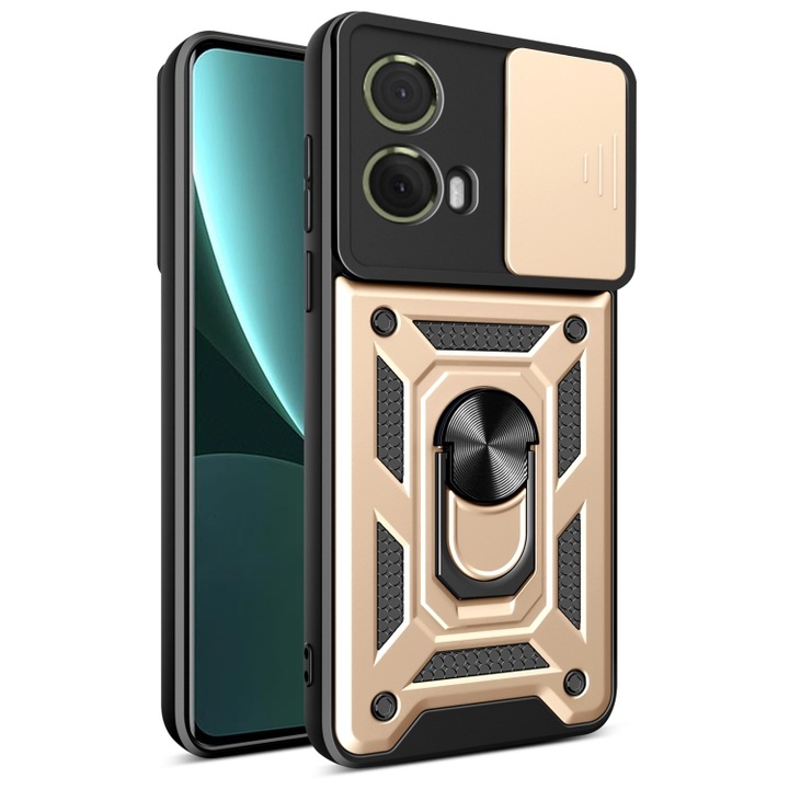 Motorola Moto G85 Premium Hybrid Armor Kickstand burkolat, kameracsúszka, ütésálló, felső védelem, világos arany
