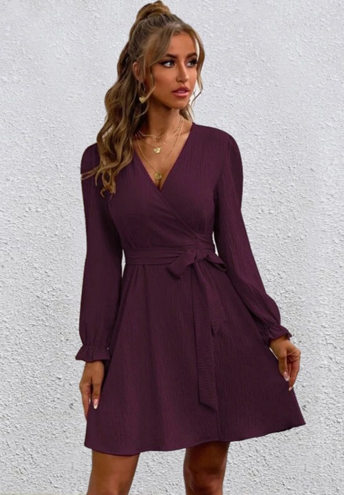 Női midi ruha, Jormftte, hosszú ujjú, V-nyakú, lila, folyékony anyagú