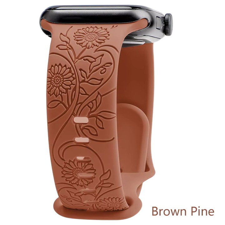 Bratara pentru Apple Watch, Silicon Gravat, Model Sunflower, Compatibil cu Apple Watch 6, 7, 8, 9, X, SE, 38/40/41mm, Brown Pine