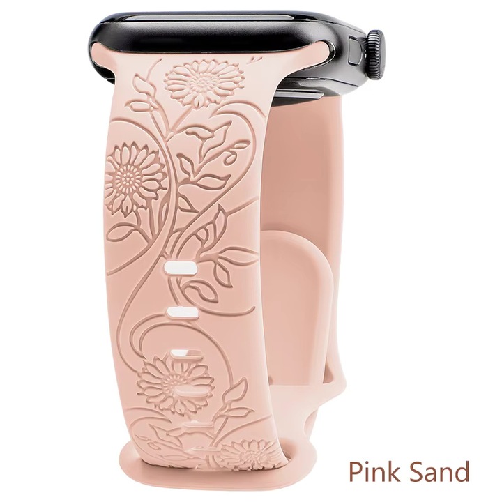 Bratara pentru Apple Watch, Silicon Gravat, Model Sunflower, Compatibil cu Apple Watch 6, 7, 8, 9, X, SE, 38/40/41mm, Pink Sand