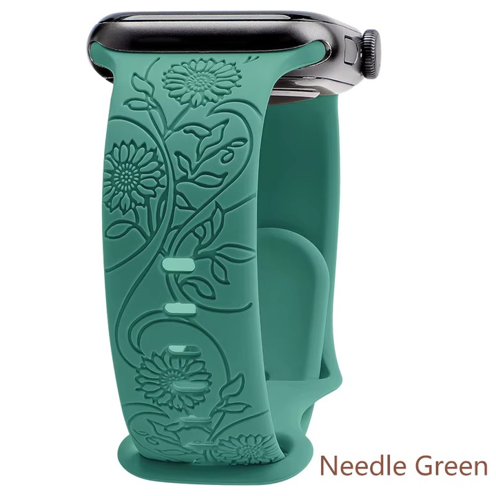 Karkötő Apple Watchhoz, Gravírozott szilikon, Napraforgó Modell, Kompatibilis Apple Watch 6, 7, 8, 9, X, SE, 38/40/41mm, tűzöld