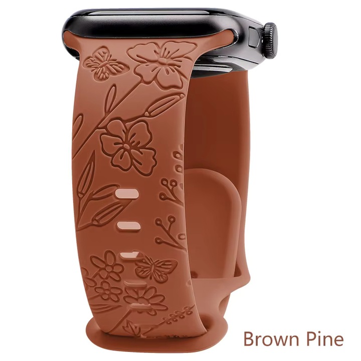 Karkötő Apple Watchhoz, gravírozott szilikon, pillangós modell, kompatibilis az Apple Watch 6, 7, 8, 9, X, SE, 38/40/41 mm, barna pite készülékkel