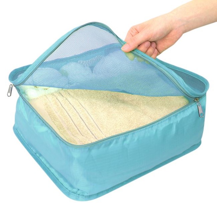 Husa de calatorie pentru accesorii Antbro®, cu fermoar si capac cu plasa, turcoaz, 30x22x12cm