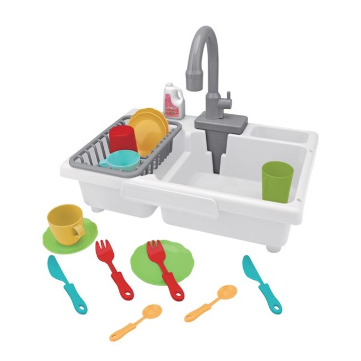 Set de joaca Antbro® chiuveta din plastic cu functie de apa curgatoare si robinet rotativ, diverse accesorii
