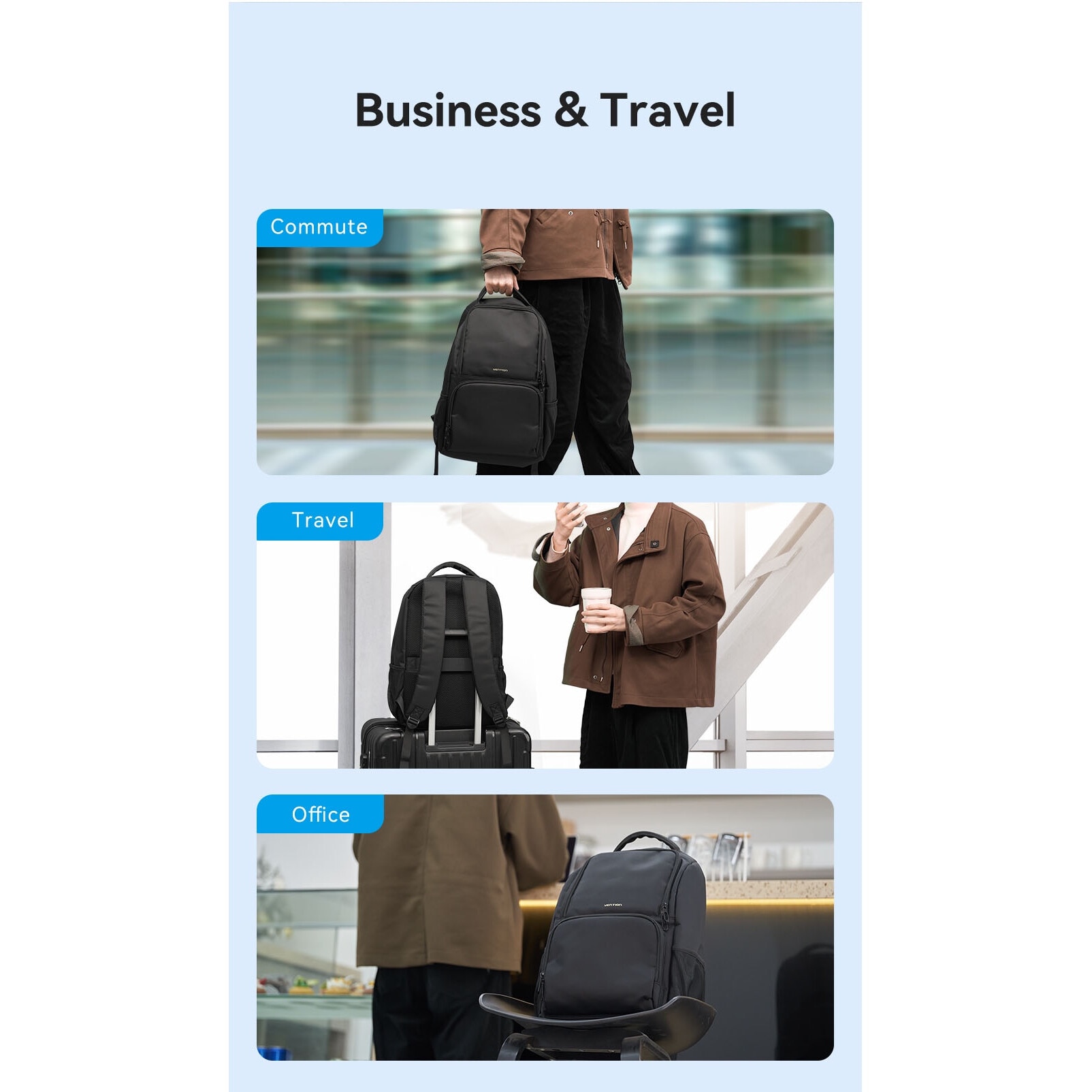 Rucsac laptop, VENTION, KRL, Poliester, 15.6 inch, port USB, Impermeabil, Negru, 45 x 30 x 20cm