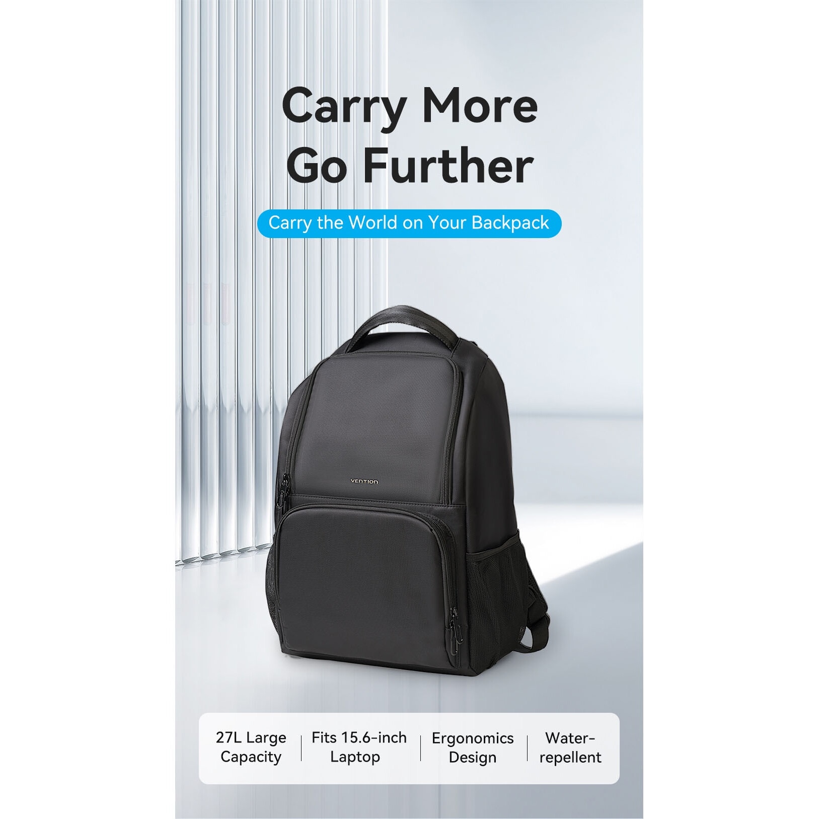 Rucsac laptop, VENTION, KRL, Poliester, 15.6 inch, port USB, Impermeabil, Negru, 45 x 30 x 20cm