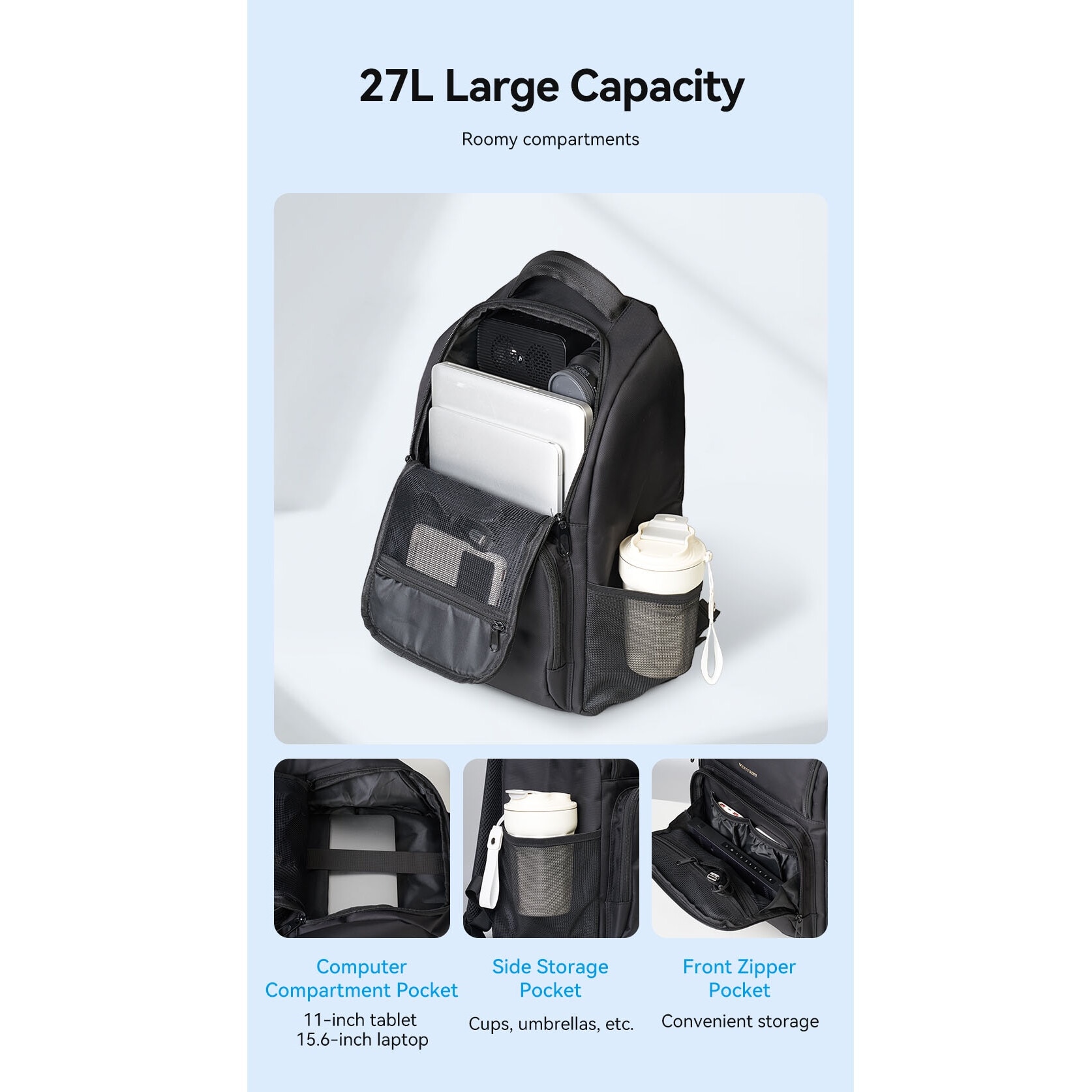 Rucsac laptop, VENTION, KRL, Poliester, 15.6 inch, port USB, Impermeabil, Negru, 45 x 30 x 20cm