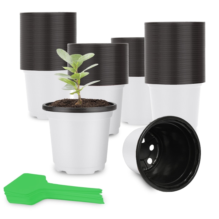 Ghivece pentru Rasaduri ASDIIT® Set de 100 Ghivece pentru Rasaduri, Ghivece Rotunde de Plastic de 10cm, Ghivece pentru Plante de Interior si Exterior cu Etichete pentru Plante, Set Complet pentru Gradinarit Alb