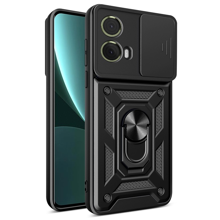 Husa pentru Motorola Moto G85 Premium Hybrid Armor Kickstand, Slider Camera, Antisoc, Protectie Superioara, Negru