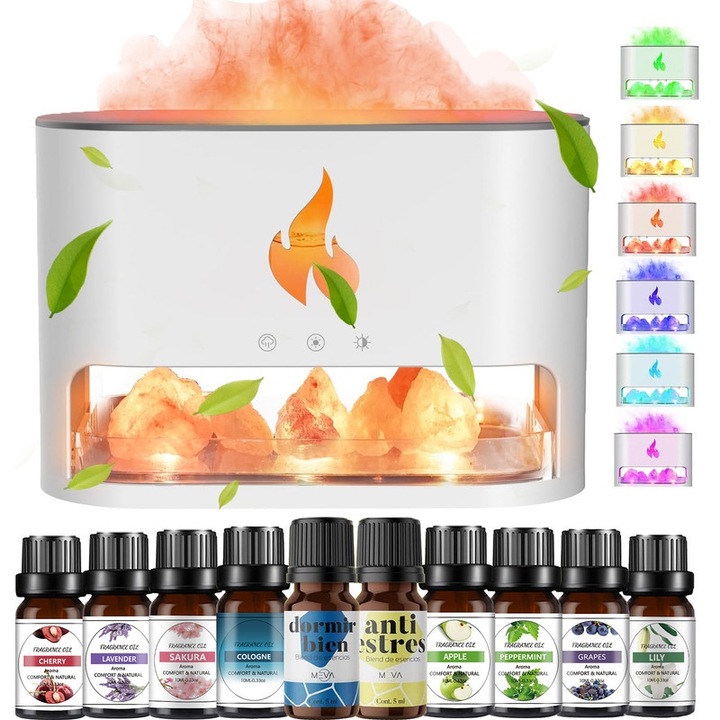 Аромадифузор 3 в 1, лампа от хималайска сол, овлажнител, 250 мл, 7 цвята, комплект от 10 етерични масла, бял