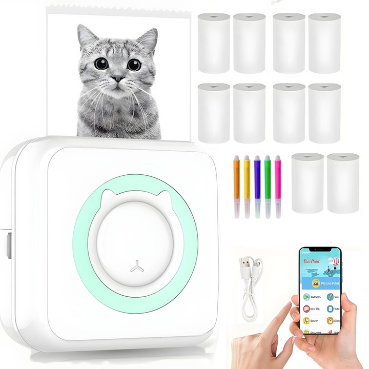 Мини термален принтер, Bluetooth Portable Mini Thermal Printer, App Printing, iOS/Android Compatible, с 10 ролки термохартия, 6 цветни химикалки за писане върху термохартия, 1000 mAh, зелен