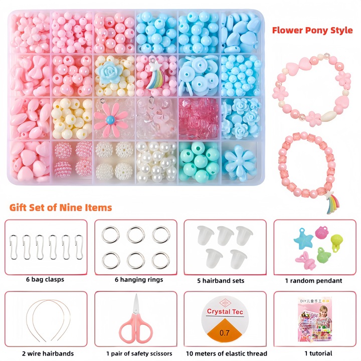 Set de artizanat pentru copii, kit de margele DIY cu 24 de compartimente, material acrilic, dimensiuni 19x13x2cm, varsta 3 ani si peste