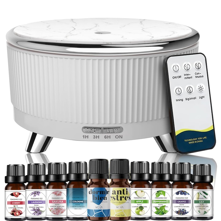 Difuzor de Aroma AYCYKD, Difuzor de Uleiuri Esentiale 500ml, 7 Culori Umidificator de Aer, Difuzor Aromaterapie Control de la Distanta, Design Elegant cu Textura de Marmura, Moduri de Ceata intermitenta, Gri Argintiu,10 Uleiuri Esential