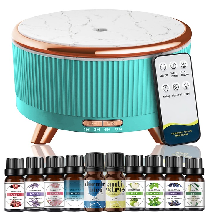 Difuzor de Aroma AYCYKD, Umidificator Aromaterapie 500ml, 7 Culori Umidificator de Aer, Difuzor Aromaterapie Control de la Distanta, Design Elegant cu Textura de Marmura, Moduri de Ceata intermitenta, Albastru de apa,10 Uleiuri Esential