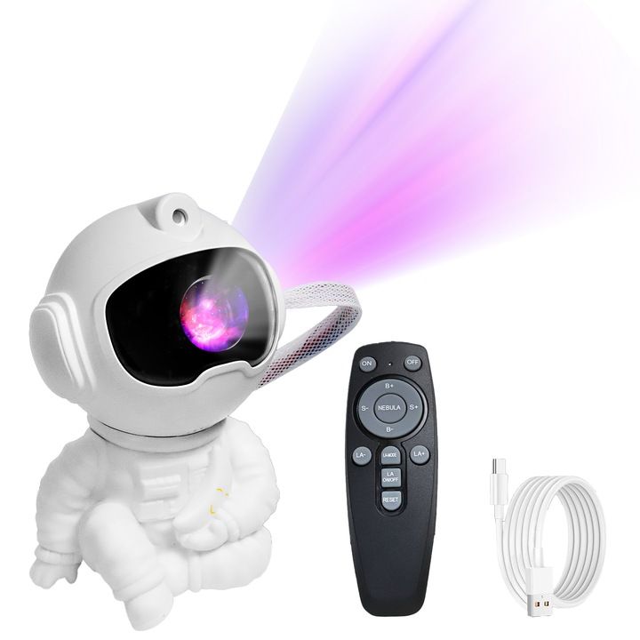 Proiector LED Astronaut cu 8 Culori si Telecomanda, Luminozitate Reglabila pe 5 Nivele, 360° Rotire, Alimentare USB, Decor camera, cu cronometru si telecomanda, Cadouri de Craciun, Ziua Indragostitilor, Zile de nastere