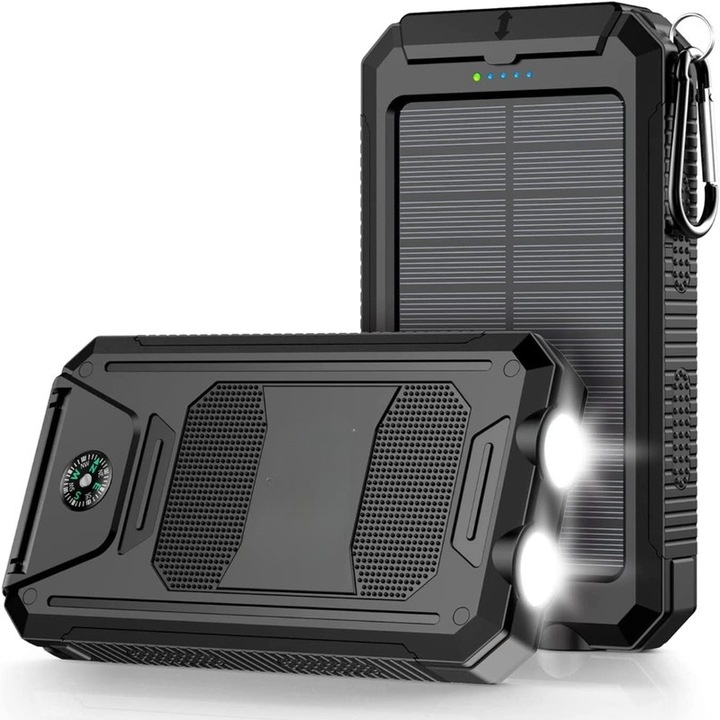 Solar Power Bank, 8000 mAh, 2 USB port, Erőteljes zseblámpa, Vízálló, Ütésálló