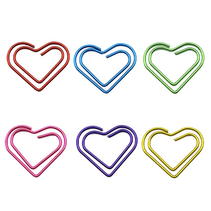Clipsuri de birou in forma de inima, Enforose, set de 50, metal rezistent la rugina, multicolor