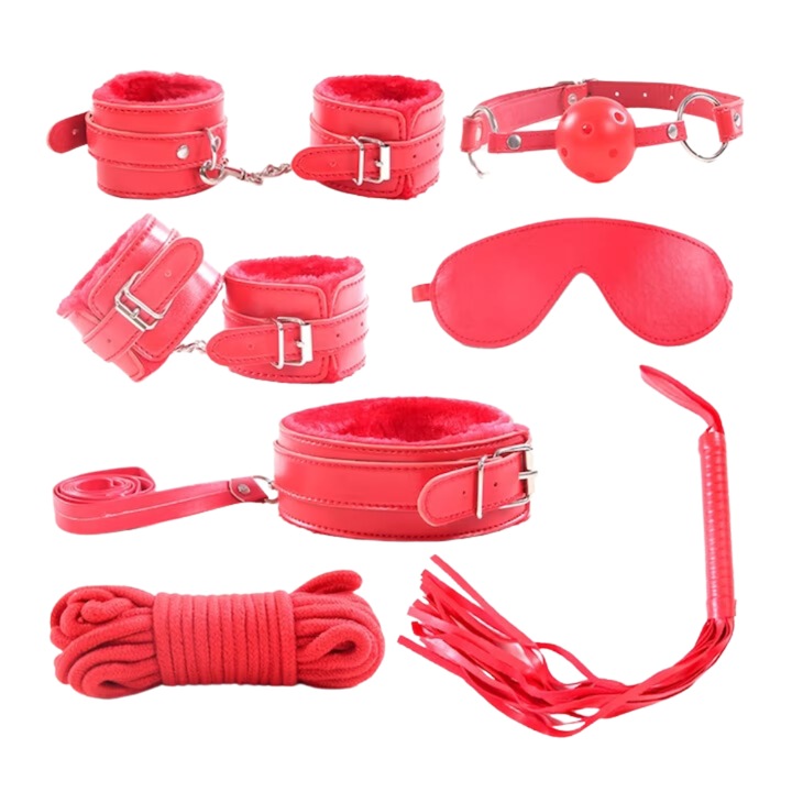 Комплект 7 еротични играчки, BDSM, Еко кожа, Белезници, Каишка с топче, Яка, Камшик, Универсален размер, Възрастни, Червен