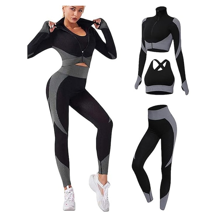 Set Fitness Din 3 Piese Format, Axroad Mall, Cu haina, sutien cu gat patrat, pantaloni modelati cu talie inalta, Respirabil, Absoarbe transpiratia, Moale si prietenos cu pielea, Potrivit pentru alergare, yoga, sport, fitness, Nailon/Elastan