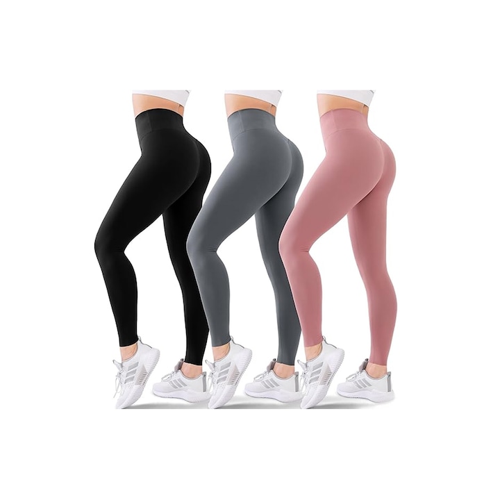 Set 3 Colanti Talie Inalta Elastici, Axroad Mall, Respirabil si antitranspiratie, Slim fit, Efect push up, Moale si prietenos cu pielea, Pentru fitness, yoga, aerobic, jogging, Poliester/Spandex, Negru/Gri/Roz, 52