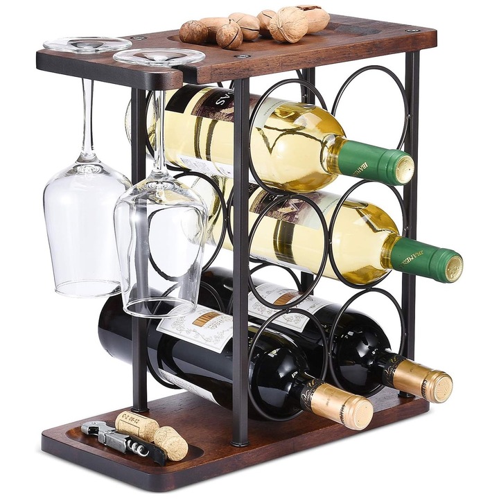 Suport pentru sticle de vin, Raft pentru vinuri, VIENOD, 6 sticle, 2 pahare, Design vintage，potrivit pentru decorarea casei si suport de depozitare in bucatarie