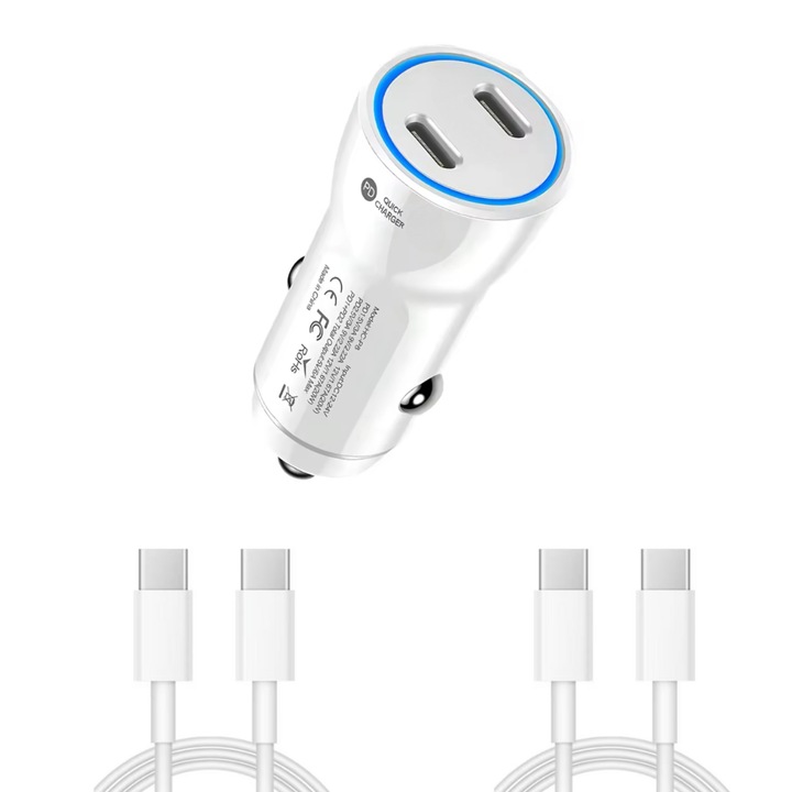 Kit incarcator auto Dual fast charger USB-C-C 60W, Cablu date USB-C-C 67W, 2M, Compatibil cu iPhone16, 16 pro max, 15 pro max, QUANDES®
