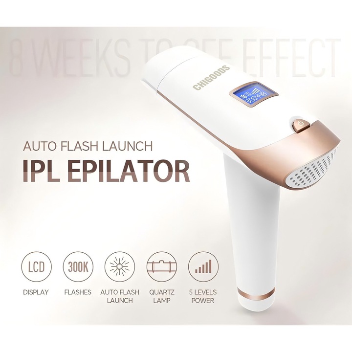 Epilator IPL Chigoods®, Pentru Epilare Definitiva Fara Durere, Tehnologie IPL, 5 Trepte De Intensitate, pentru barbati si femei, Senzor Piele SmartSkin, Mod Automat, Cu Afisaj, 300.000 de Pulsatii