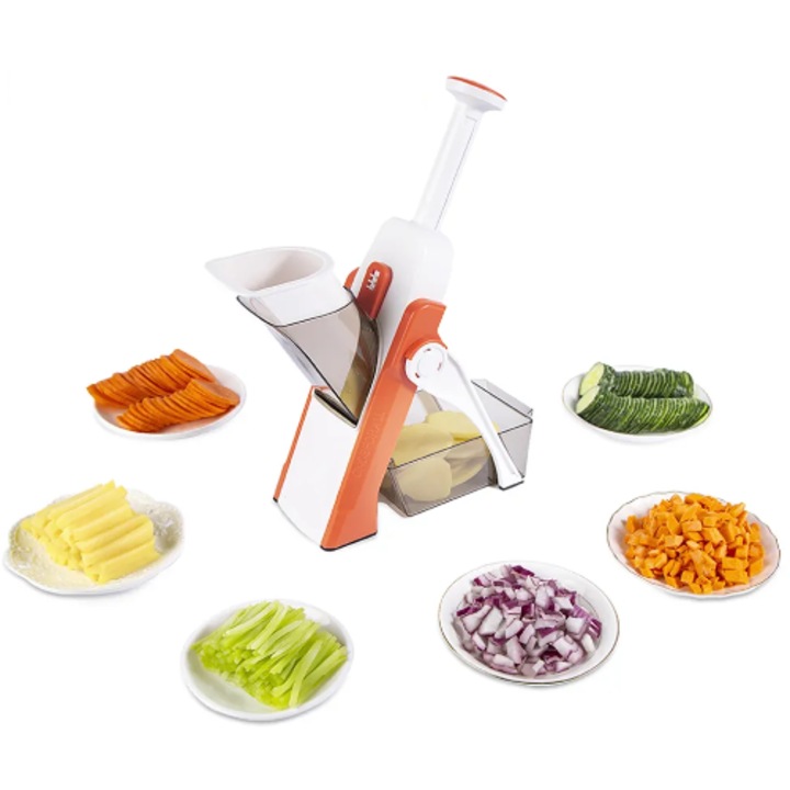 Вертикално пластмасово ренде, различни видове резени, оранжево/бяло, 12 x 5 x 32 cm