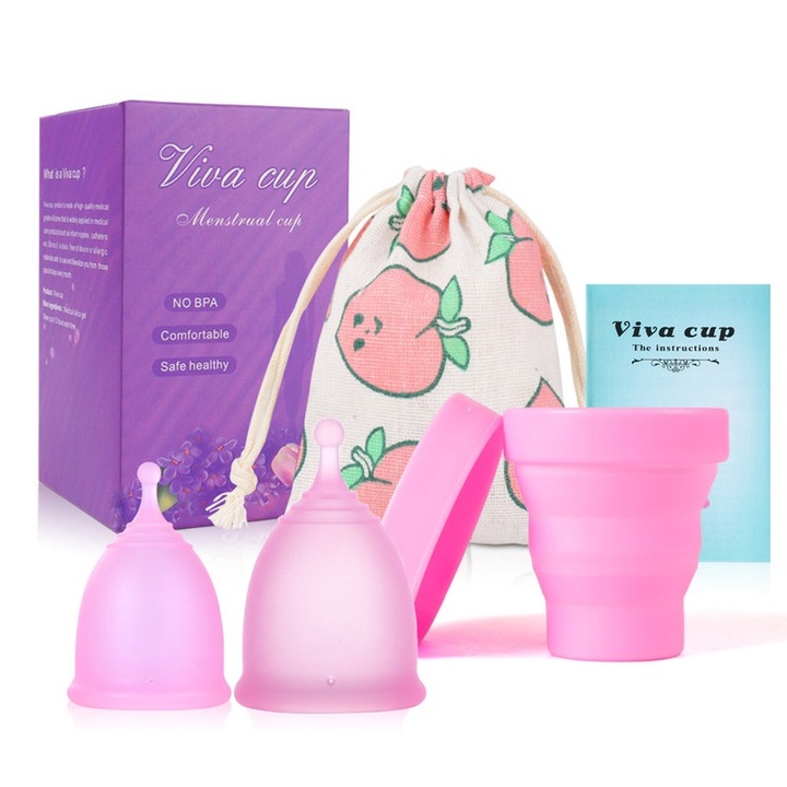 Cupa Menstruala Reutilizabil ANGSKALSA din Silicon Medical, Ecologic, Confortabil, 12 ore Utilizare, Fara BPA, Fara Scurgeri, Carcasa Depozitare si Husa Voiaj Incluse, Set de 2, Marimea S-L, Roz