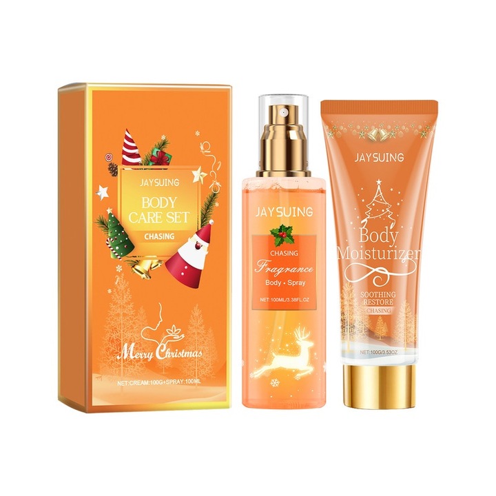 Testápoló ajándék szett karácsonyi illattal, testtejjel és dezodor spray-vel, narancs ízű, 100g, 100ml, 8x4,2x15,5cm