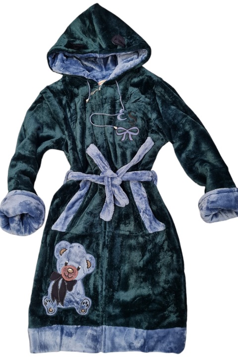 Премиум кадифен дамски халат, с качулка и цип, щампа плюшено мече, Зелен