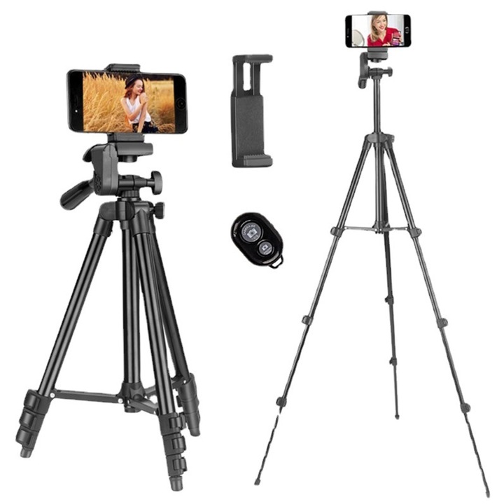 Kamera állvány, mobiltelefon tartóval, Bluetooth távirányító, 38-130cm, fekete, komplett készlet