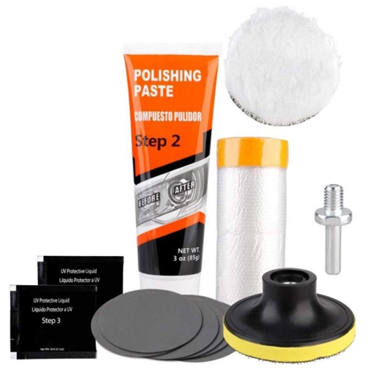 Kit Polish Faruri Auto Profesional SIKS Pentru Reparare Si Restaurare Cu Adaptor De Bormasina Inclus, Format Din Pasta Polish, Bureti Si Discuri Abrazive, 12 Accesorii