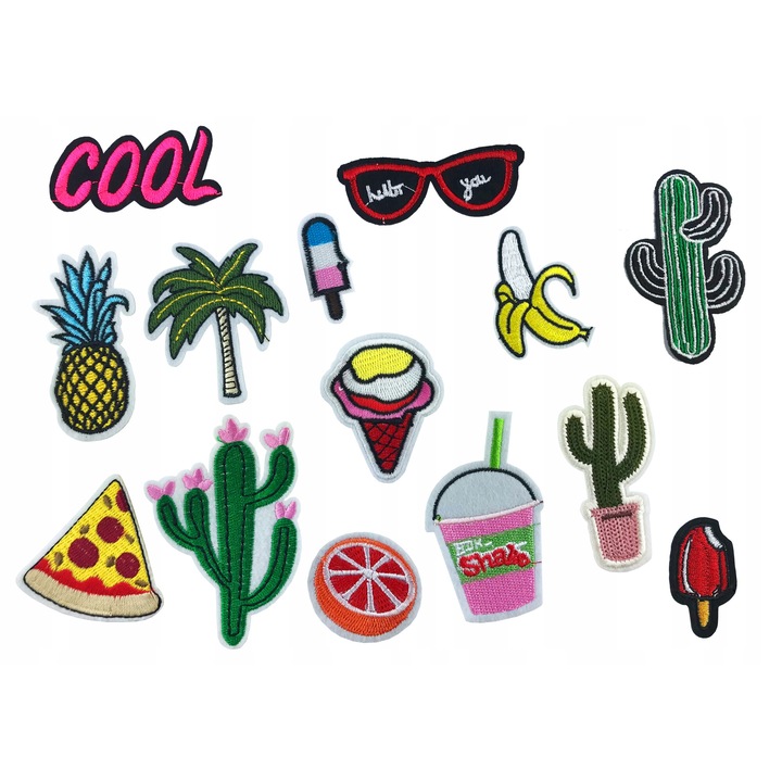 Petic Textil, Little Angel, Z119, set de 14 bucati, pizza, cactus, gheata, banana, diverse, Multicolor