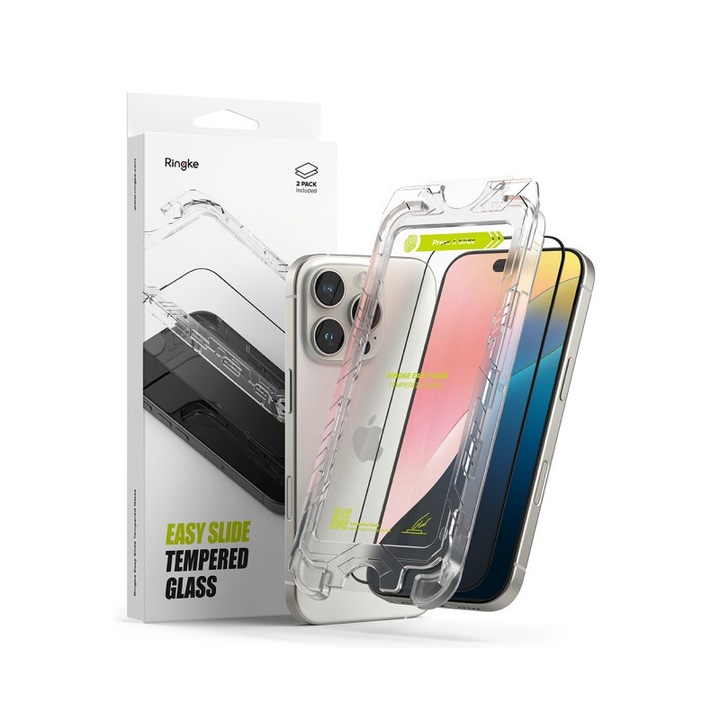 Set 2 x Folie Sticla Ringke Compatibila Cu iPhone 16 Pro, Montaj Usor Cu Aplicator, Privacy - AntiSpy