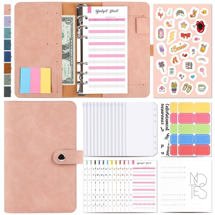 Organizator financiar Enforose, binder pentru economii, sistem de plicuri pentru bani, 10 file, piele PU, multicolor