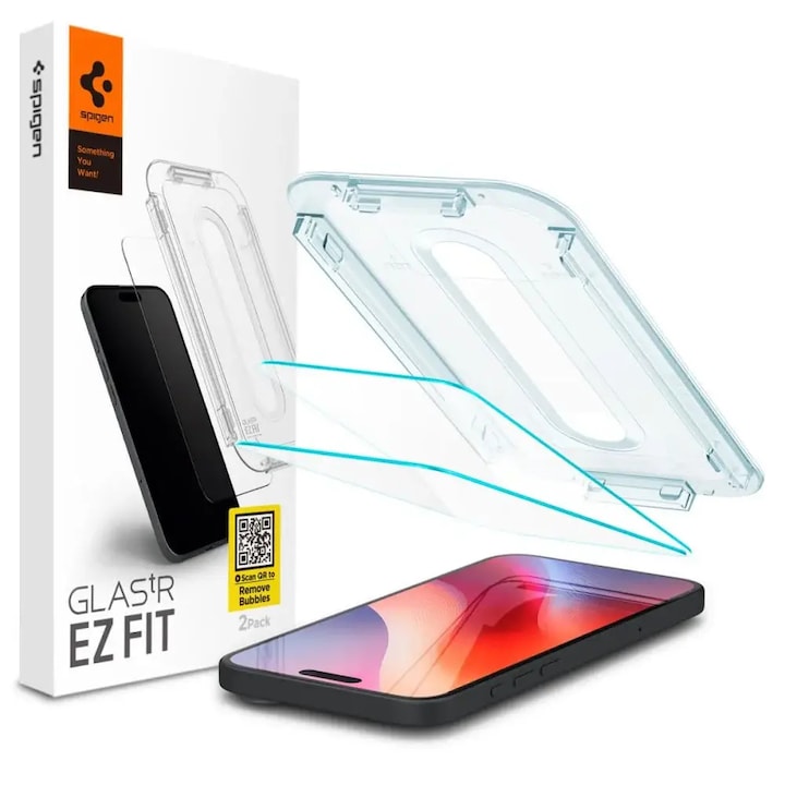 Pachet 2 buc Spigen Folie Sticla cu aplicator inclus Glass tR EZ Fit compatibila cu iPhone 17 / iPhone 17 Pro / 16 Pro Clear