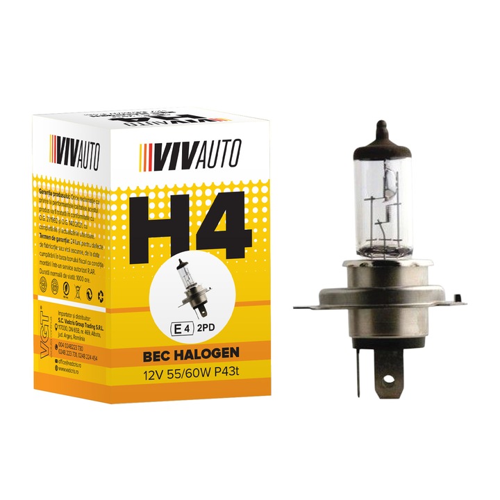 Bec halogen VivAuto, H4 12V 55/60W P43t