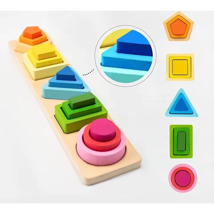 Set din Lemn Montessori cu 5 Modele pentru Dezvoltarea Abilitatilor Cognitive si Motrice, 5 coloane si 15 piese