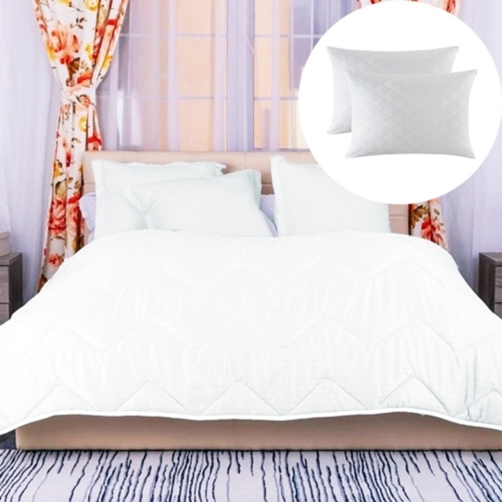 Set pilota de iarna, matlasata, umplutura lana, invelis damasc, policoton, 160x210cm, pentru pat single, alba si 2 perne matlasate, antialergice, albe, 50x70cm, Ralex Pucioasa