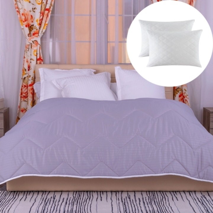 Set pilota de iarna, matlasata, umplutura lana, invelis damasc, policoton, 140x210cm, pentru pat single, gri si 2 perne matlasate, antialergice, albe, 50x70cm, Ralex Pucioasa