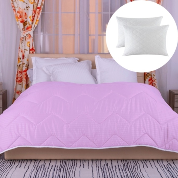 Set pilota de iarna, matlasata, umplutura lana, invelis damasc, policoton, 140x210cm, pentru pat single, lila si 2 perne matlasate, antialergice, albe, 50x70cm, Ralex Pucioasa
