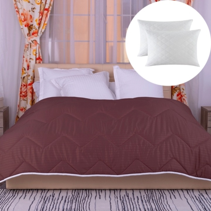 Set pilota de iarna, matlasata, umplutura lana, invelis damasc, policoton, 140x210cm, pentru pat single, maro si 2 perne matlasate, antialergice, albe, 50x70cm, Ralex Pucioasa