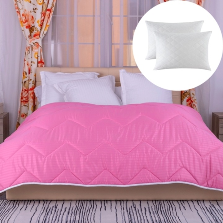 Set pilota de iarna, matlasata, umplutura lana, invelis damasc, policoton, 200x220cm, pentru pat dublu, roz si 2 perne matlasate, antialergice, albe, 50x70cm, Ralex Pucioasa