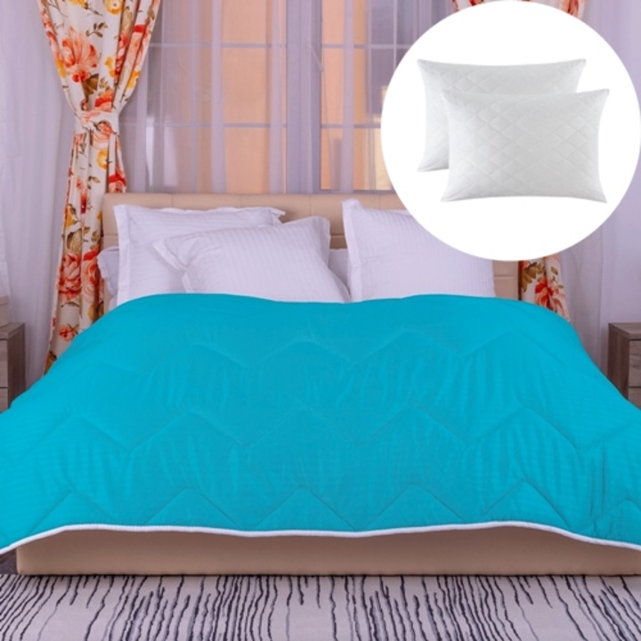 Set pilota de iarna, matlasata, umplutura lana, invelis damasc, policoton, 140x210cm, pentru pat single, turcoaz si 2 perne matlasate, antialergice, albe, 50x70cm, Ralex Pucioasa