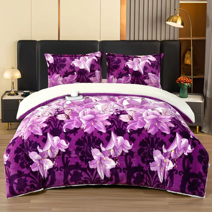 Set Pilota Cocolino Premium Pufoasa cu Blanita, 3 piese, Pilota cu blanita si doua fete de perna, Mov, pentru pat dublu 200x230cm