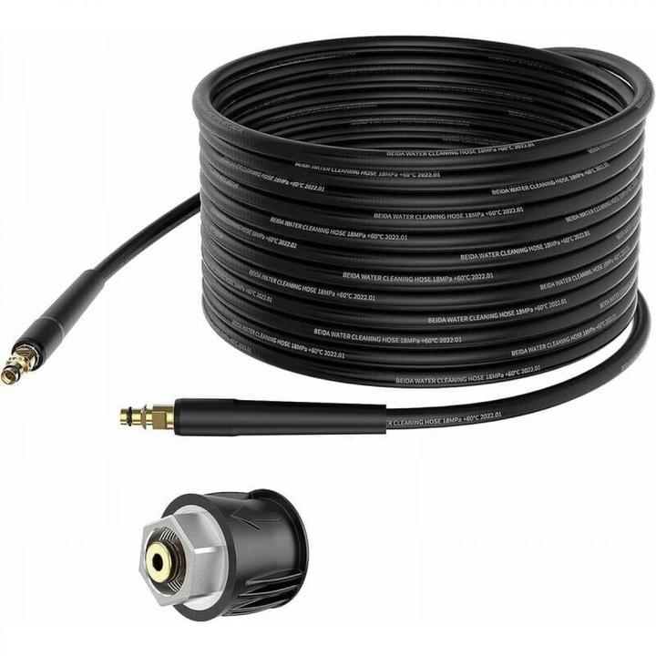 Furtun de prelungire pentru aparat de spalat cu presiune compatibil Karcher K2–K7, racord Quick Connect M22, 10 m, negru, 18 MPa (180 bar), cod 0806BM-BST4017270