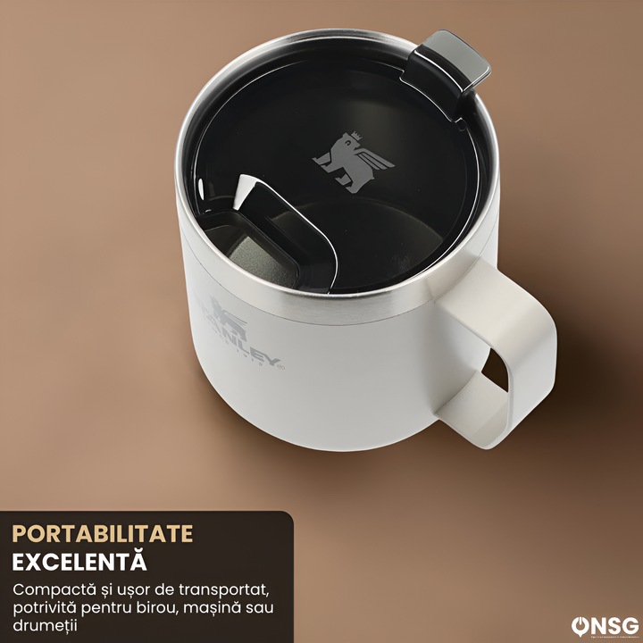 Термо чаша ONSG® Stanley, Усъвършенствана изолация, поддържа напитките горещи за 1.5 часа и студени за 15 часа, Неръждаема стомана, Плътен капак, За къмпинг и офис, Бежов, 236 мл