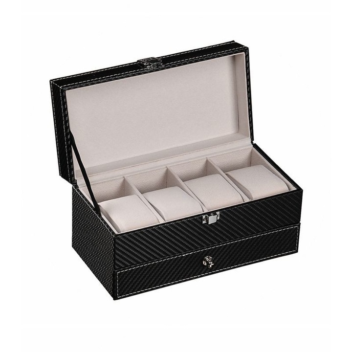 Многофункционална кутия за бижута, карбон, два слоя, черна, сива подплата